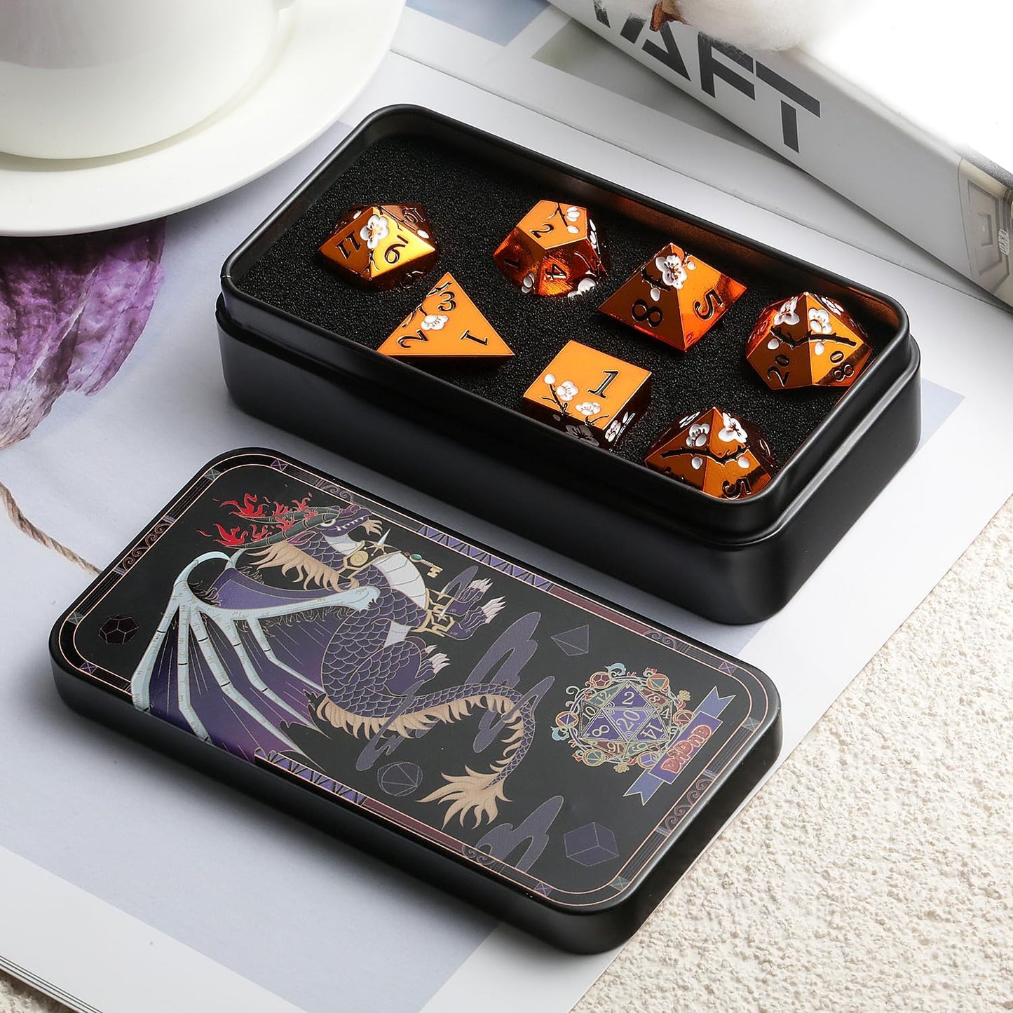 DnDnD Heavy Polyhedral Metal Dice Set with Metal Box, 7-die Shiny Blue Surface with Golden Number for RPG,Dungeons and Dragons,Pathfinder,Shadowrun,D&D,Role Palying Game and Math Teaching - Colors B