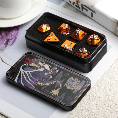 DnDnD Heavy Polyhedral Metal Dice Set with Metal Box, 7-die Shiny Blue Surface with Golden Number for RPG,Dungeons and Dragons,Pathfinder,Shadowrun,D&D,Role Palying Game and Math Teaching - Colors B