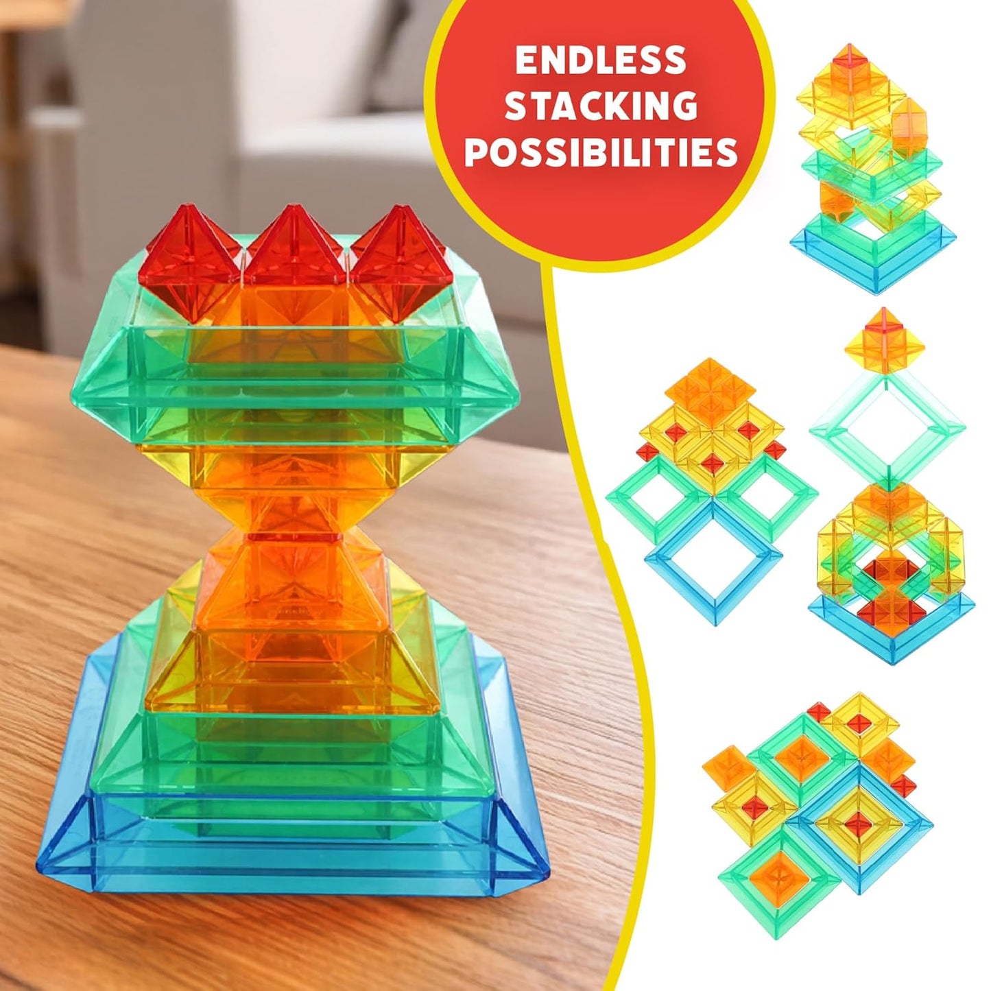 Popular Playthings Sakkaro Geometry Play Stacking Toy, Colorful Shape Building Puzzle, Stem Learning Gift for Kids Ages 3 & Up