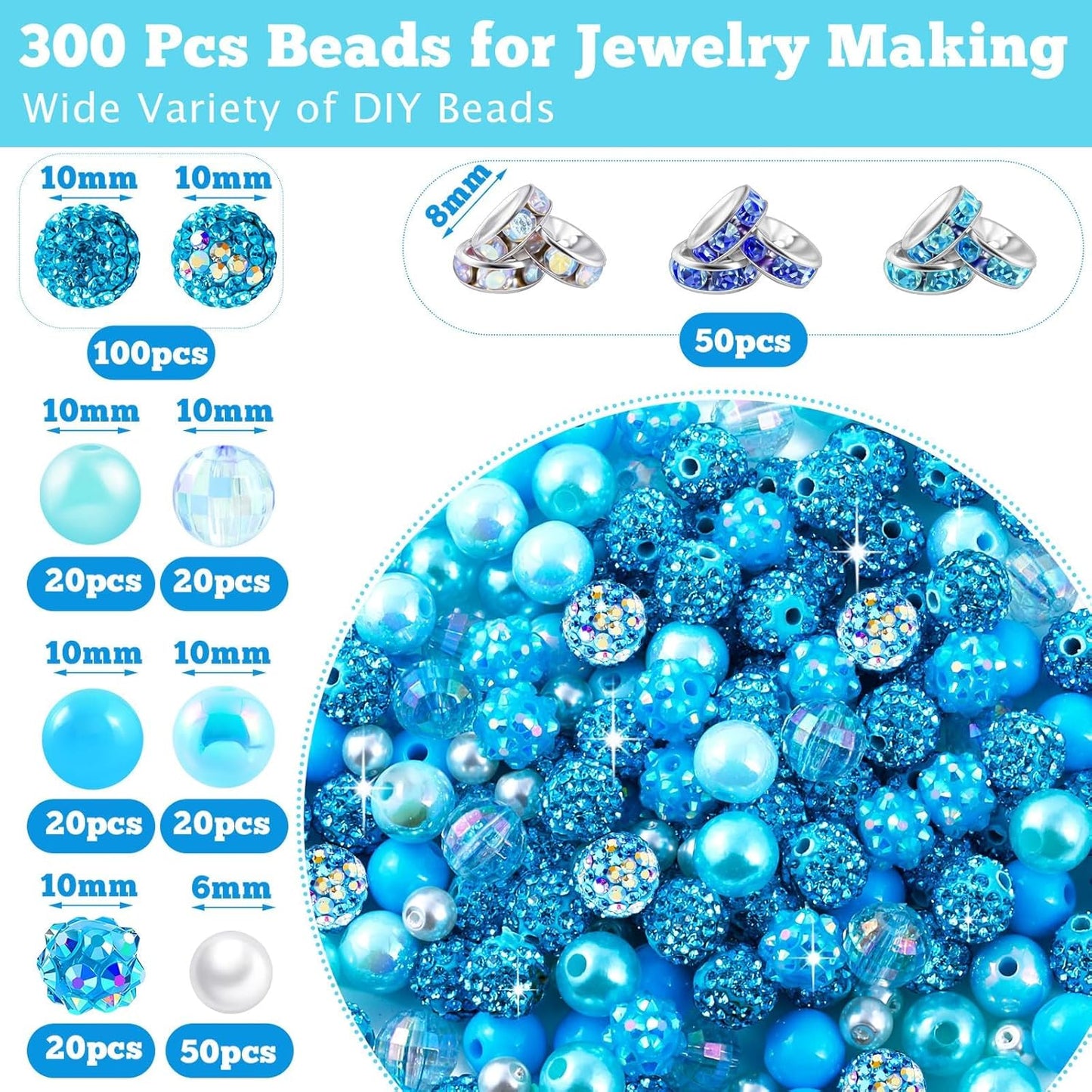 300 Pcs Diamonds Beads for Jewelry Making, Included 10 mm Red Rhinestone Beads for Bracelets, Bubblegum Bead for Pen Making, Pearl and Spacer Bead for Bracelet Necklace Earring Crafting