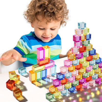 30 Pcs Mixed Acrylic Blocks Set - 10 Long (2.5x2.5x5CM) + 20 Cube (2.5x2.5x2.5CM) Rainbow Gem Blocks, Sensory Stacking Toy for 1 2 3 4 Years Old, Boys Girls Gift with Rich Building Possibilities