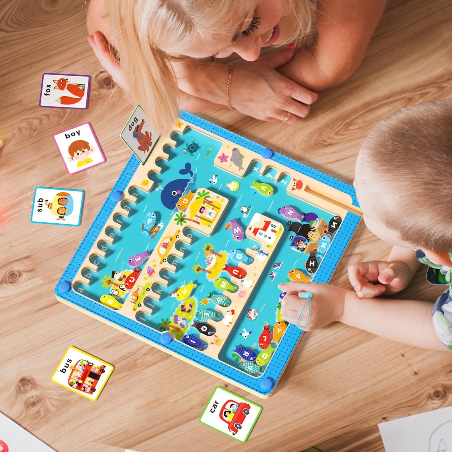 Magnetic Alphabet Maze Letter Puzzle Board, Montessori Toys Alphabet Puzzle for 2 3 4 5 Years Old, Fine Motor Skills Toys Magnet Fishing Game for Kids 3-5, Birthday Gift for Girls Boys