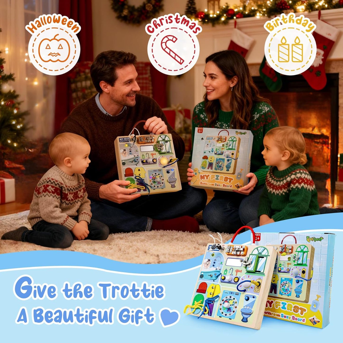 Busy Board Montessori Toys for Toddler 1-3 Year Old, Wooden Sensory Board with LED Light Switches,Bathroom Theme Travel Toys for 1+ Year Old Boy & Girl Birthday Gift