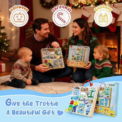 Busy Board Montessori Toys for Toddler 1-3 Year Old, Wooden Sensory Board with LED Light Switches,Bathroom Theme Travel Toys for 1+ Year Old Boy & Girl Birthday Gift