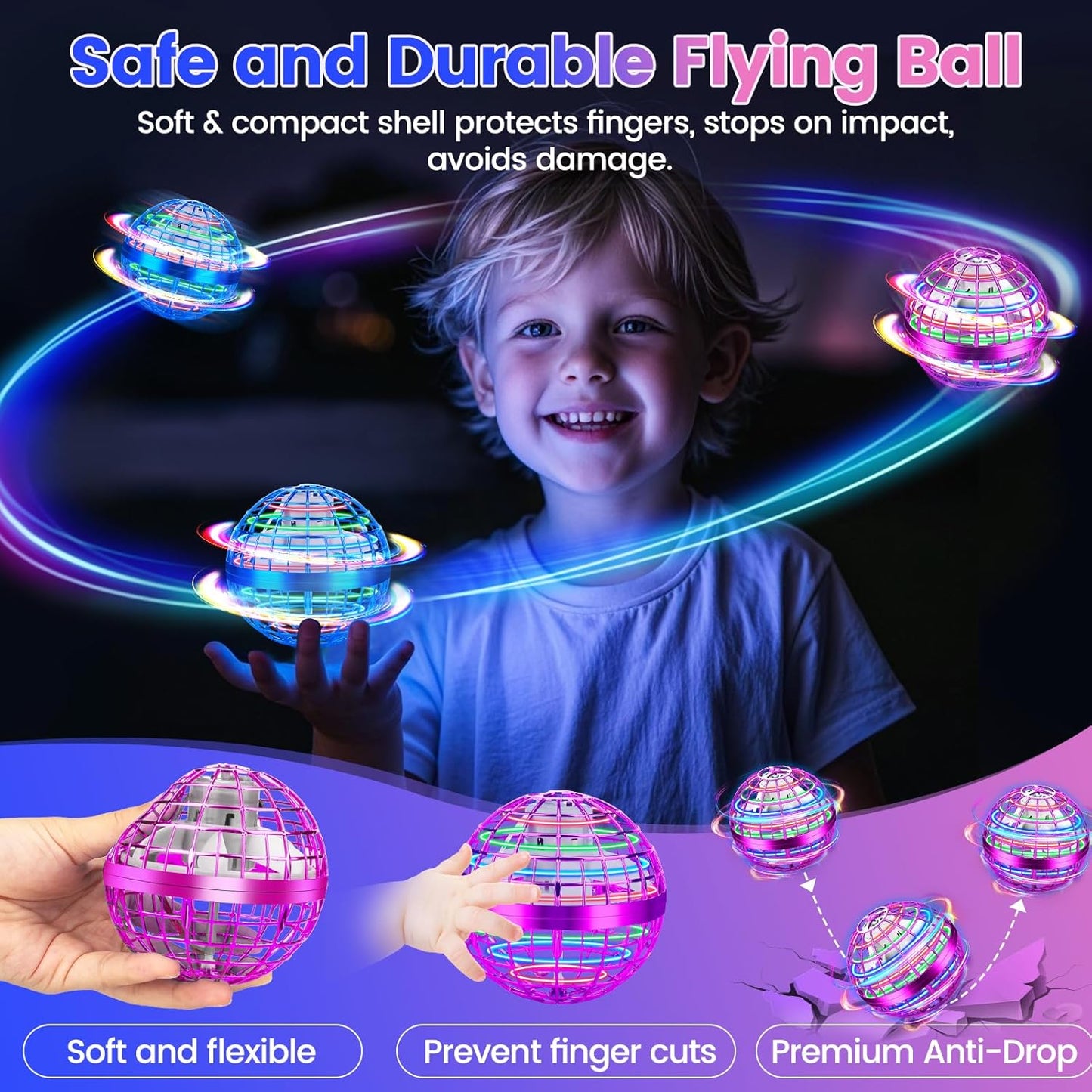 Flying Orb Ball Toy, 2026 Upgrade Hand Controlled Hover Ball with LED Lights,360° Rotating Boomerang Globe Cool Mini Drone, Ideal Birthday&Christmas Gift for Boys Girls-Blue & Purple