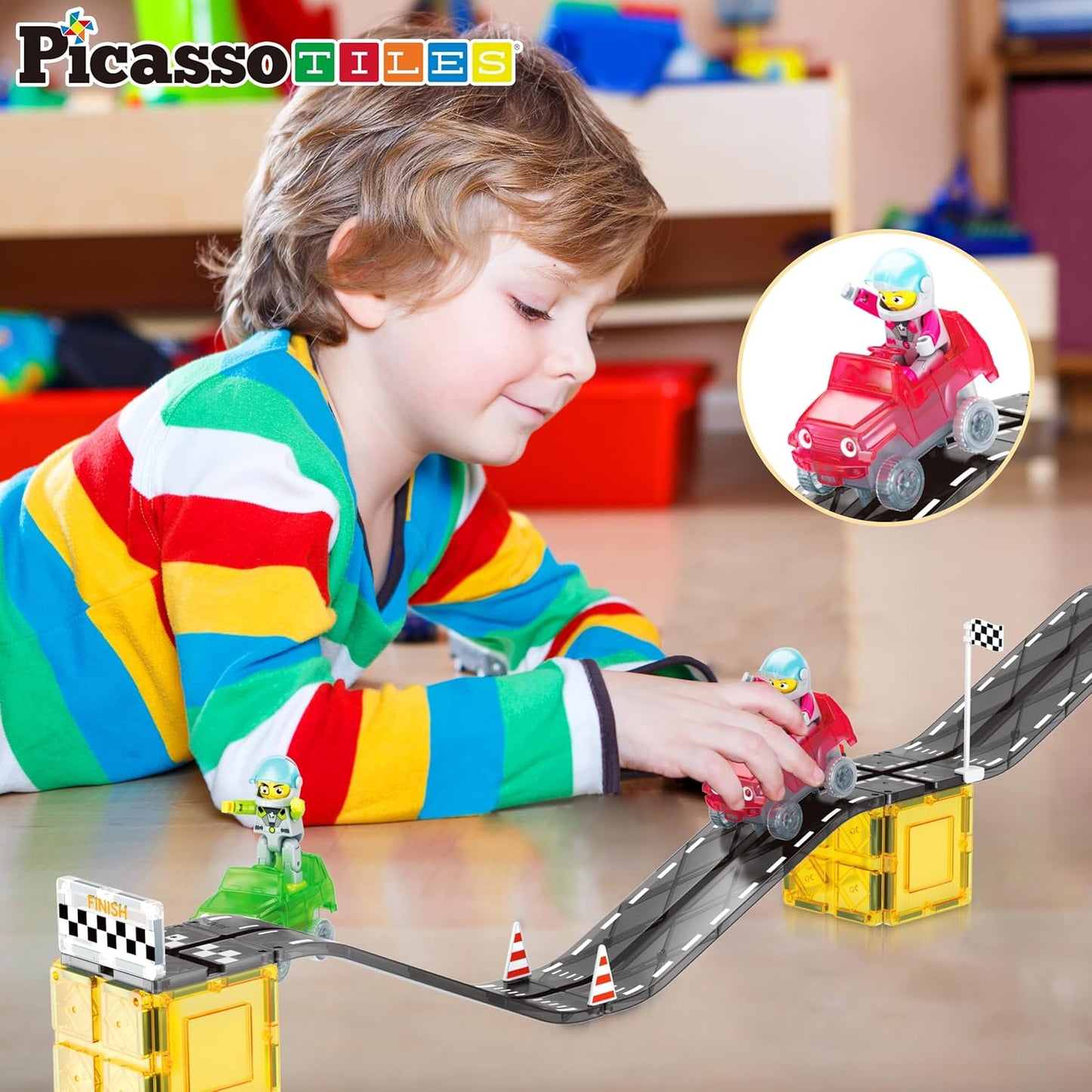 PicassoTiles 50pc Racecar Track Magnetic Tiles Educational Kids Toy with 2 Light Up Trucks STEM Preschool Learning Magnet Tile Toddler Toys Boys Girls Ages 3+ Blocks Game Puzzles Build Playset PTR50