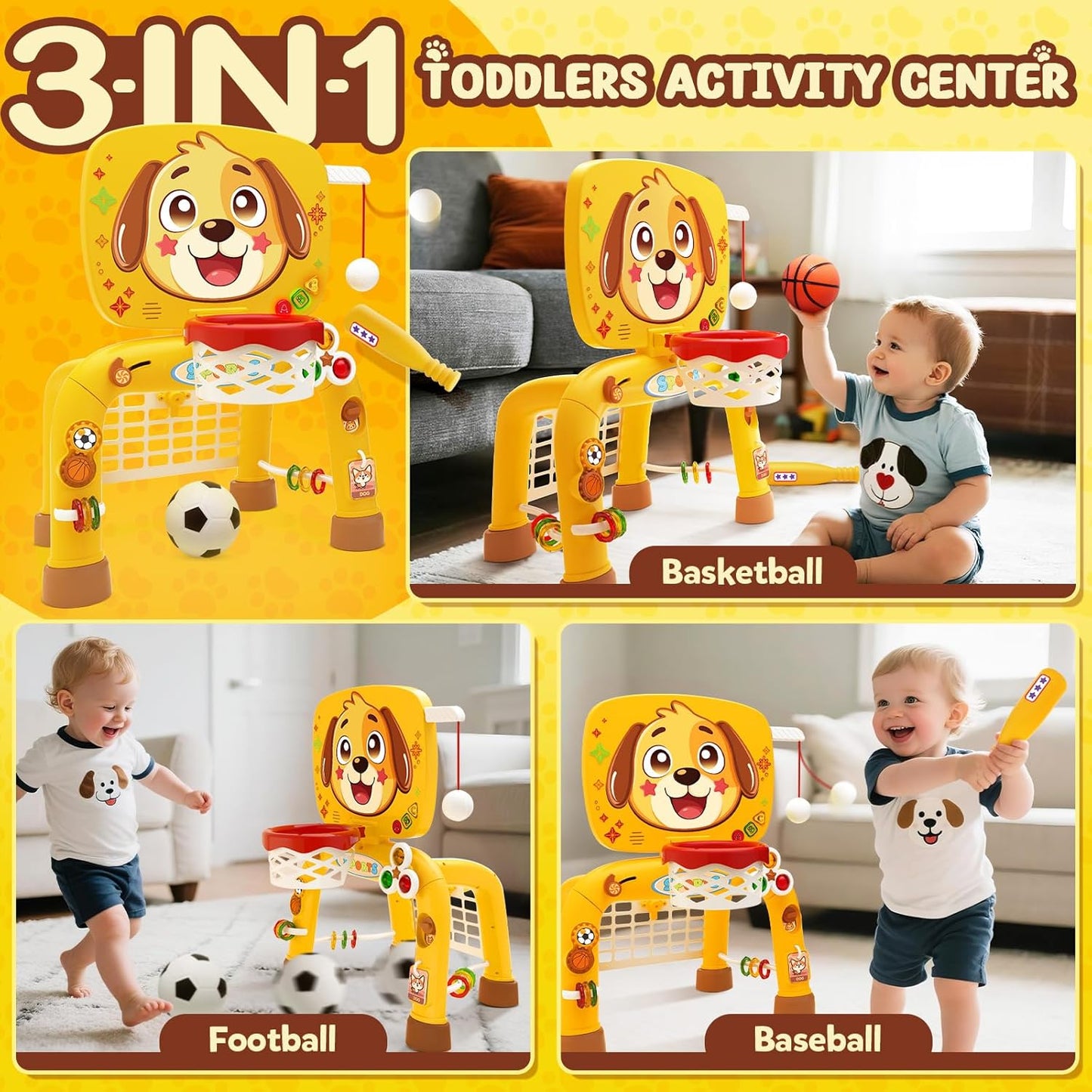 Toys for 1 Year Old Boy - Toddler Basketball Hoop & Soccer Goal & Baseball Activity Center with Light Sound Music, Puppy Montessori Sports Toy, Christmas Birthday Gift for Baby 12-18 Months, Yellow