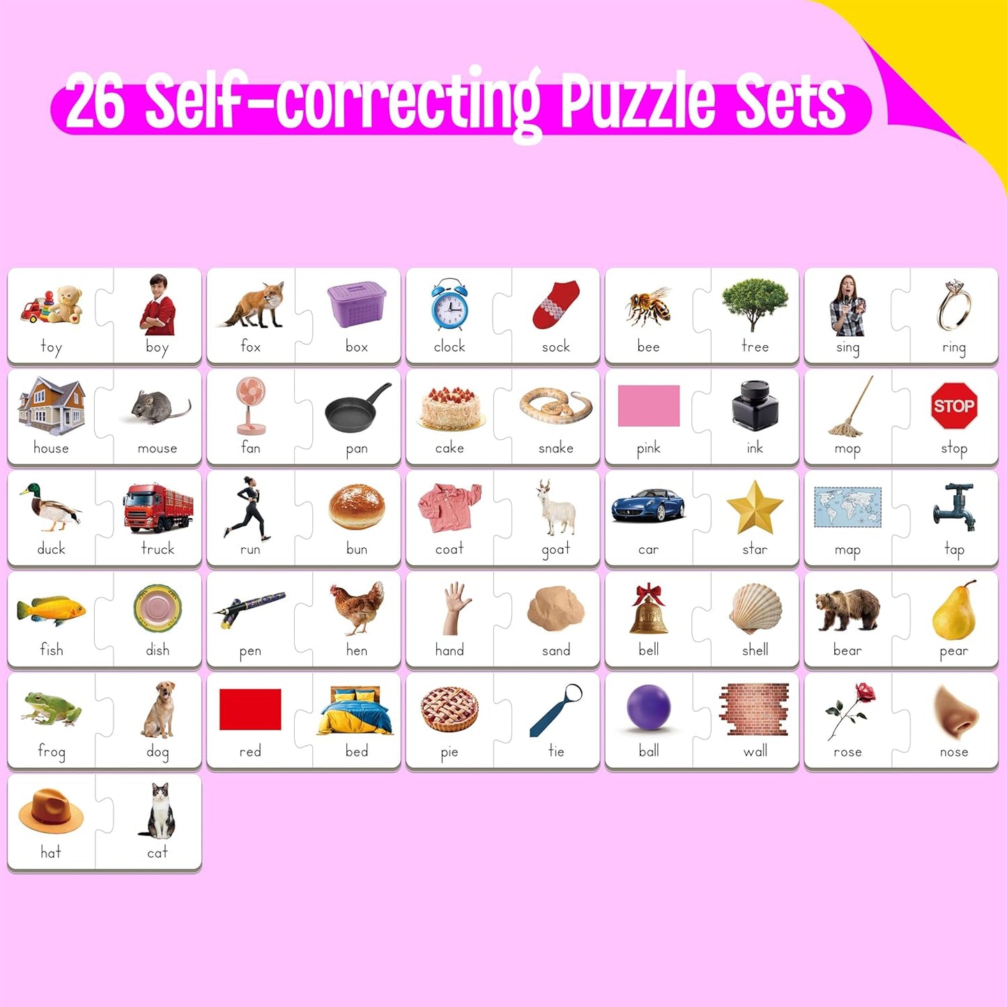 Rhyming Puzzles, 26 Groups Rhyming Word Cards Phonics Matching Game Self-Correcting Puzzle Early Childhood Learning Card for Kindergarten Preschool