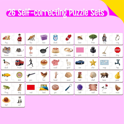 Rhyming Puzzles, 26 Groups Rhyming Word Cards Phonics Matching Game Self-Correcting Puzzle Early Childhood Learning Card for Kindergarten Preschool