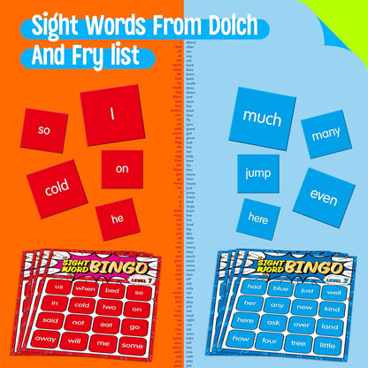 Sight Word Bingo Game, 144 Sight Words Learn to Read Level 1 & Level 2 Bingo Board Game Dolch's & Fry's Words Lists for Kindergarten and Preschool, Grade 1st, 2nd, Kids 4-8 (Up to 25 Players)