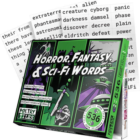 Poetry Tiles – Horror, Fantasy, SciFi Themed Word Magnets for Fridge – 536 Magnetic Words for Refrigerator Poems and Stories – Geek Gift Kit – Spooky Gifts for Kids and Adults