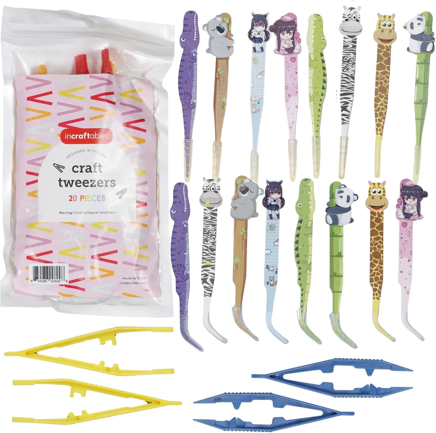Incraftables Craft Tweezers - 20 Pieces – Fun Metal & Plastic Tweezers - Animal Shape Crafting Tongs for DIY Bead Jewelry Making Beading Project