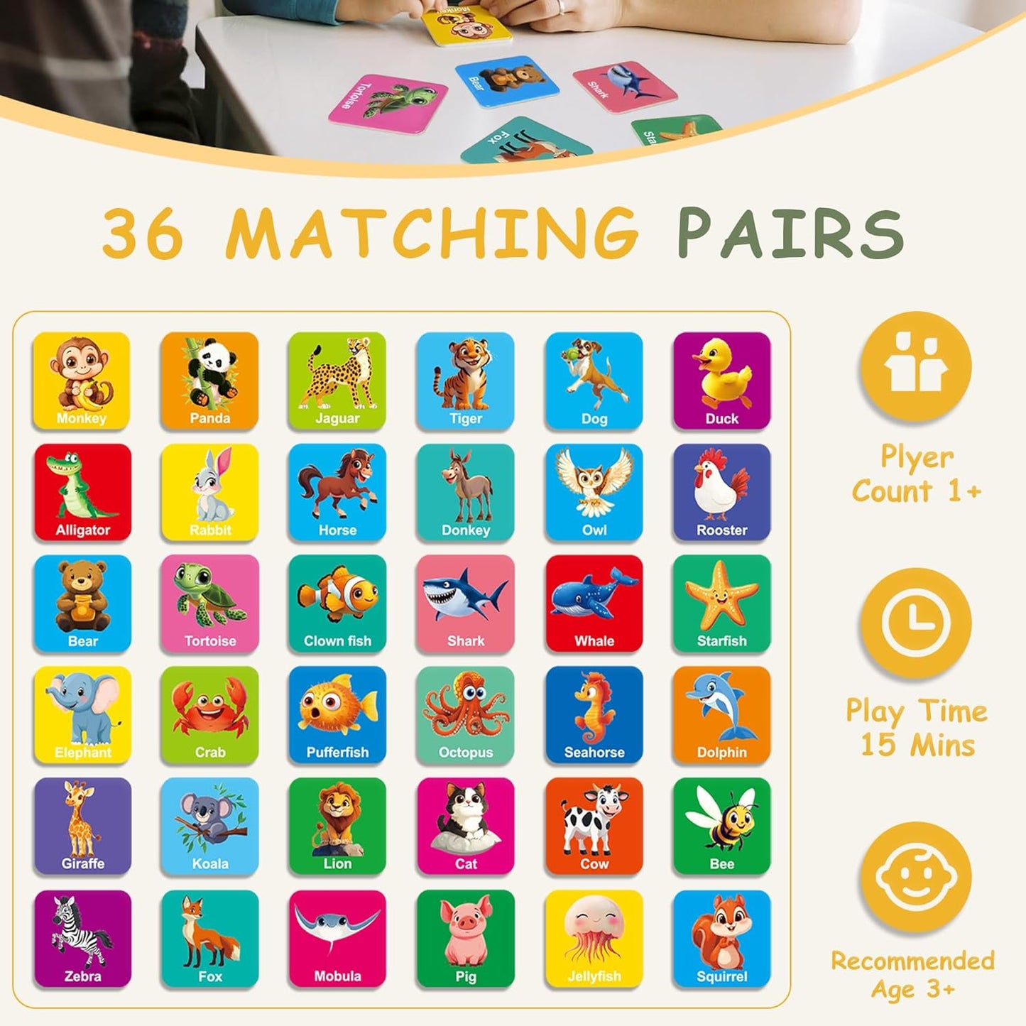 72 PCS Memory Match Game, Animial Matching Game for Kids 3 and up, Enhanced Memory Skills for Toddlers Ages 3 and Up