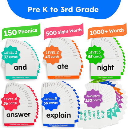 BenBen Sight Words & Phonics Flash Cards, 500 Sight Words & 24 Phonics, 800+ Words, Learn to Read Dolch & Fry High Frequency Site Words for Pre-k Kindergarten 1st 2nd 3rd Grade Kids Ages 3-9