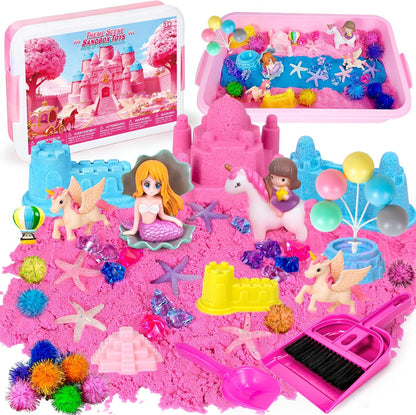 Sensory Bin, 48Pcs Unicorn Sandbox with Lid Play Sand Art Kits for Girls Toddlers Sensory Toys with Magic Sand, Unicorns, Mermaid, Cleaning Tools, Birthday Gifts for Kids Age 3 4 5 6 7 8