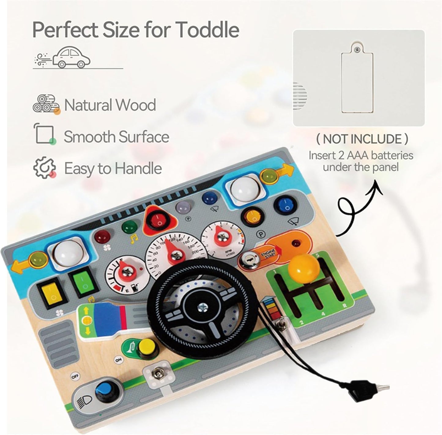 Wooden Montessori Busy Board for Toddlers 4-8 - Wooden Dashboard Steering Wheel Toy， Fine Motor Skill Development Toy for Kids 1-6， Educational Pretend Driving Busy Board for Boys & Girls