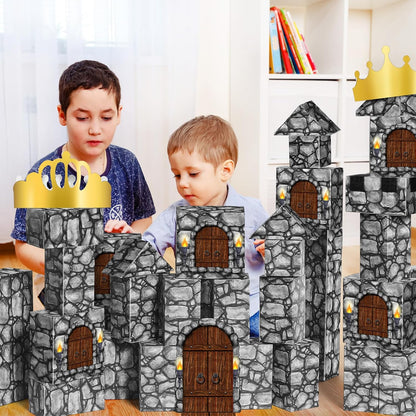 MotiMind 47 Pcs Jumbo Cardboard Castle Building Blocks New Year Gift DIY Building Blocks Large Stone Box Collapsible Reusable Jumbo Crown for Castle House Birthday Indoor Outdoor Party (Black)