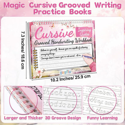 gisgfim Grooved Cursive Handwriting Workbook Magic Reusable Grooved Cursive Handwriting Practice Guided Tracing with Disappearing Ink Pens for Beginners Kids Learning Activities Supplies (Sentence)