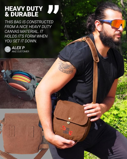 Disc Golf Bag | Frisbee Golf Bag | Easy to Carry | Lightweight Fits Up to 10 Discs | 16 oz Waxed Canvas Sturdy Design | Belt Loop | Double Button Design | Bottle Holder