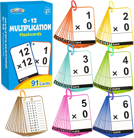 BenBen Multiplication Flash Cards 0-12, 91 Cards, Times Table Flash Cards with Rings, Multiplication Practice for Kids 8-12, 2nd 3rd 4th 5th 6th Grade, Math Flashcards for Homeschool Classroom