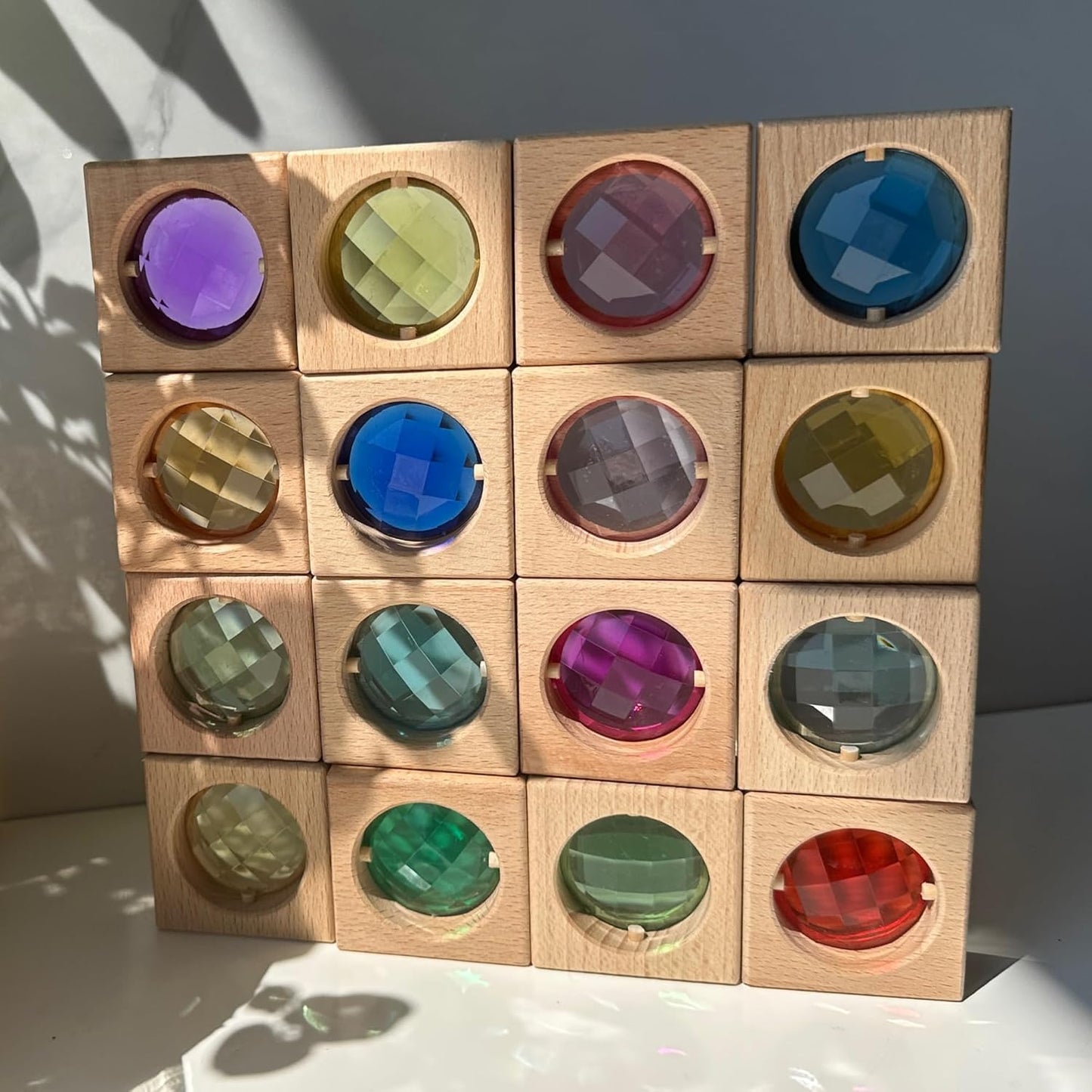20PCS Wooden Gem Blocks Stacking Toys,Colorful Acrylic Windows Blocks, Rainbow Crystal Acrylic Building Cubes Educational Sensory Training Crystal Toys (20PCS Round Gem Blocks)