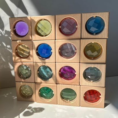 20PCS Wooden Gem Blocks Stacking Toys,Colorful Acrylic Windows Blocks, Rainbow Crystal Acrylic Building Cubes Educational Sensory Training Crystal Toys (20PCS Round Gem Blocks)