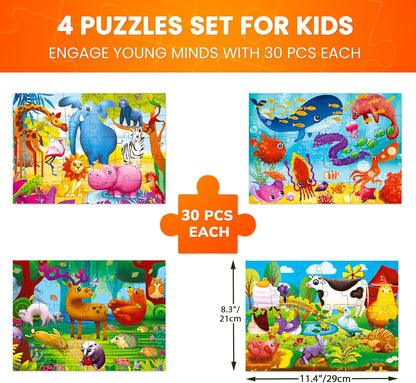 QUOKKA Puzzles for Toddlers 3-5 - 4 x 30 Pieces Puzzles for Kids Ages 2-4 - Animal Learning Jigsaw Puzzles for Kids 4-6 Years Old - Educational Toys for Boy and Girl