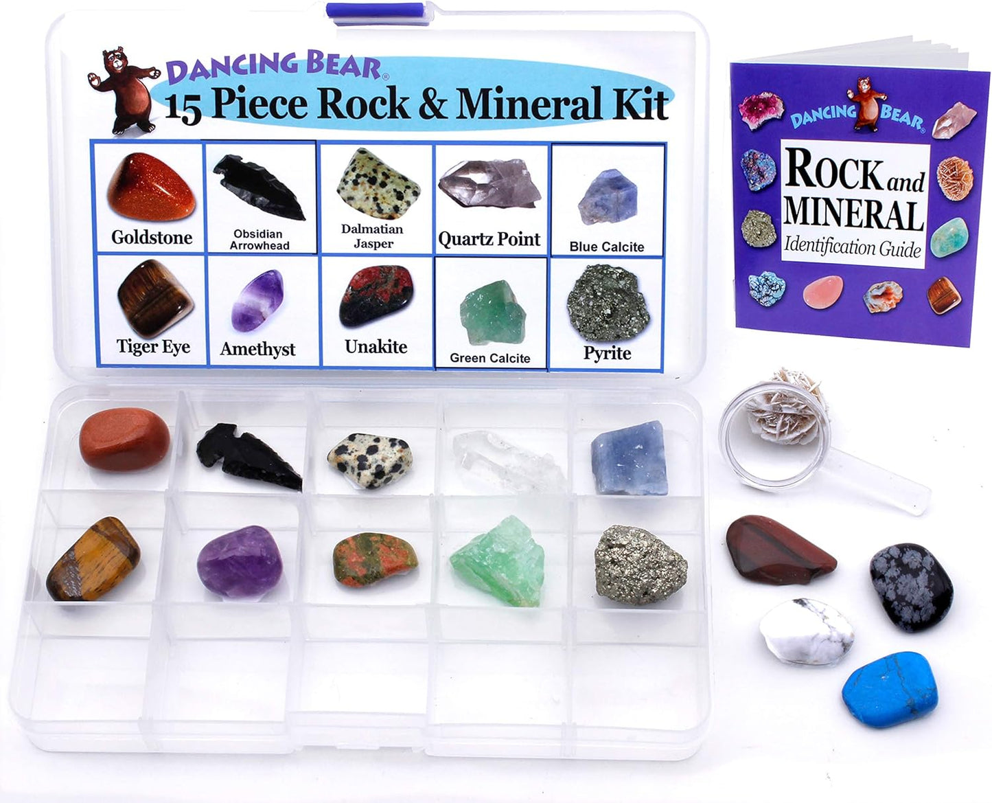 DANCING BEAR Rock, Mineral & Geodes Treasure Hunt Activity Kit (250 Pc Set) Real Shark Teeth Fossils, ID Sheet & Rock Book, STEM