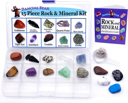 DANCING BEAR Rock, Mineral & Geodes Treasure Hunt Activity Kit (250 Pc Set) Real Shark Teeth Fossils, ID Sheet & Rock Book, STEM