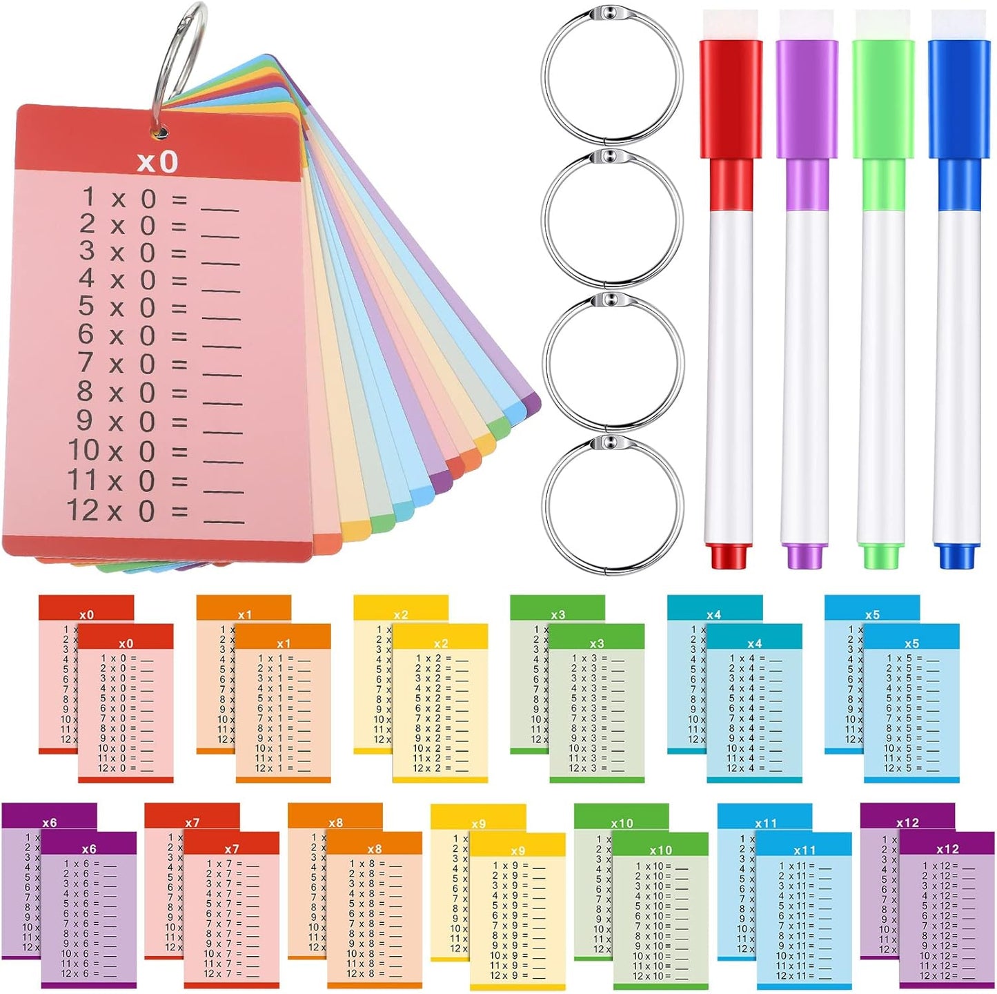 Geyee 52 Pieces Multiplication Flash Cards Times Table Card for 1st to 3rd Grade Kids with 4 Dry Erase Markers and 4 Rings Set Math Flash Cards Educational Times Table Flashcards Learning Supplies
