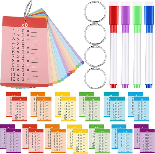 Geyee 52 Pieces Multiplication Flash Cards Times Table Card for 1st to 3rd Grade Kids with 4 Dry Erase Markers and 4 Rings Set Math Flash Cards Educational Times Table Flashcards Learning Supplies