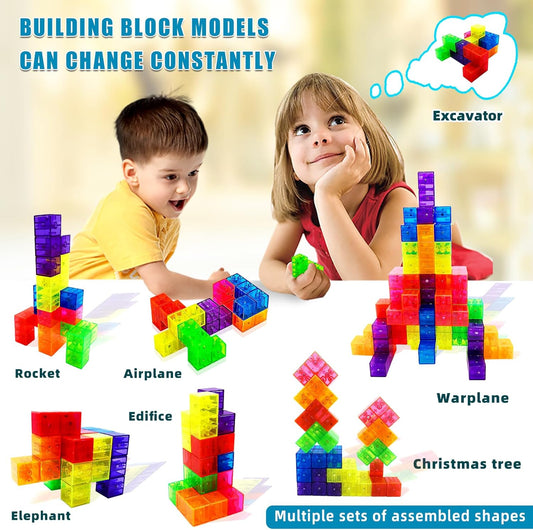 Magnetic Building Blocks Magic Magnetic 3D Puzzle Cubes, Set of 7 Multi Shapes Magnetics Blocks with 54 Guide Cards, Children's Educational Toys and Stress Relief Fidget Toys for Kids Adults