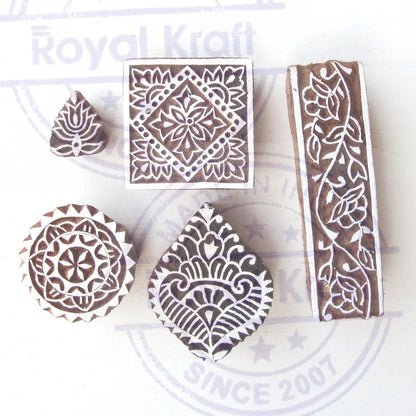 Hand Carved Square and Border Pattern Wood Block Print Stamps (Set of 5) Htag0139