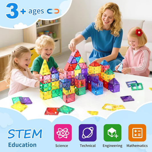 Mruikeny 100 Pieces Magnetic Tiles for Kids Ages 4-8, Glitter Magnetic Building Tiles Preschool Learning Magnet Toys, STEM Sensory Magnet Building Blocks for Toddlers 3 4 5 6 7 8+ Year