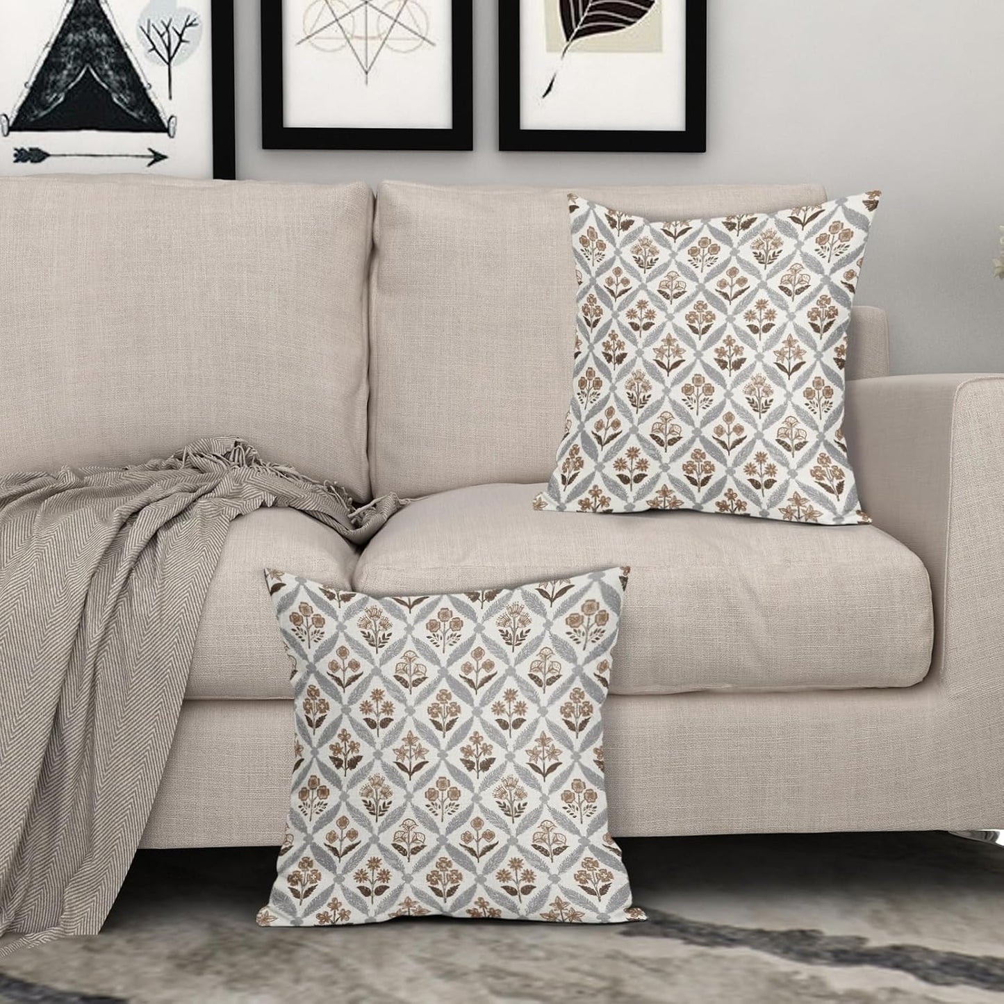 Blue Green Floral Block Print Pillow Covers 12X20 Set of 2, Flower Pattern Spring Summer Print Decorative Throw Pillow Covers Outdoor Farmhouse Seasonal Cushion Case Couch Sofa Bed Decor