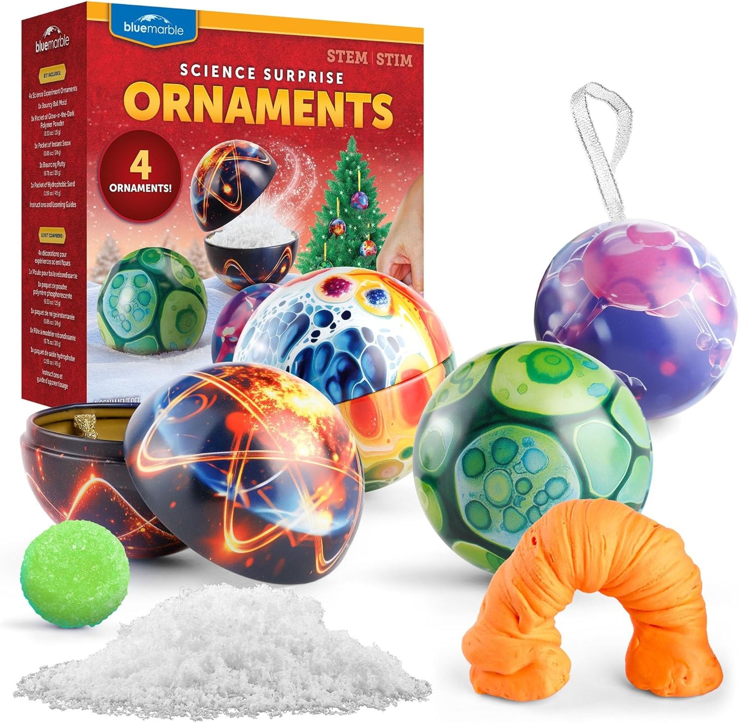 Blue Marble Science Surprise Christmas Ornament Kit for Kids- 4 Dig Kit Ornaments with Gemstone and Dinosaur Dig Bricks, Dino Digging Toys for Kids, Gem Excavation Stocking Stuffer for Boys and Girls
