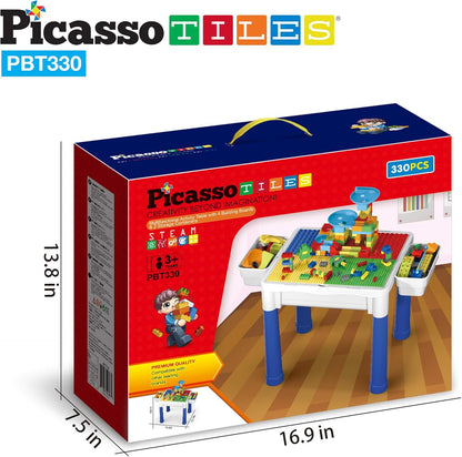 PicassoTiles Kids Activity Center Play Table & Study Desk Set Sandbox Water Tight Container Storage All-in-1 STEM Toy Kit Playset with 330pc Dual Size Building Bricks Construction Blocks Marble Run