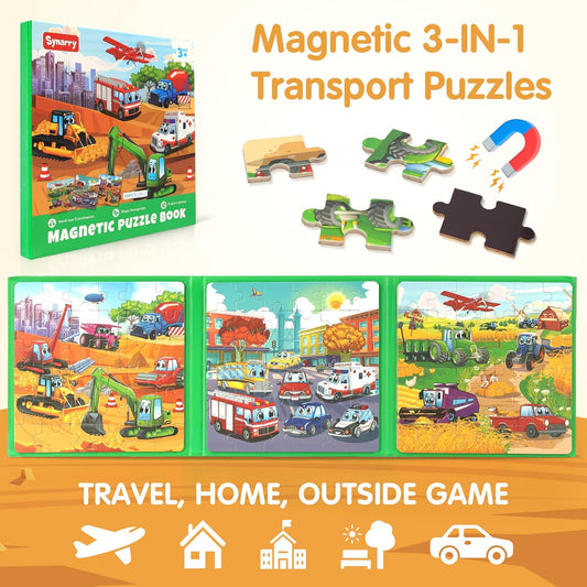 SYNARRY Vehicle Theme Magnetic Puzzles for Toddlers 3-5, 36 Pieces Travel Puzzles for Kids Ages 4-8, Easter Basket Stuffers Gifts for Kids, Car Airplane Road Trip Activities Magnet Games Toy