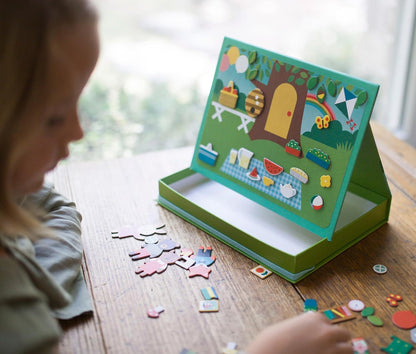 Petit Collage: Animal Friends Magnetic Game Board with Mix & Match, Ideal for Ages 3+, Includes Mag Play Scene Treehouse Party, 74 Count