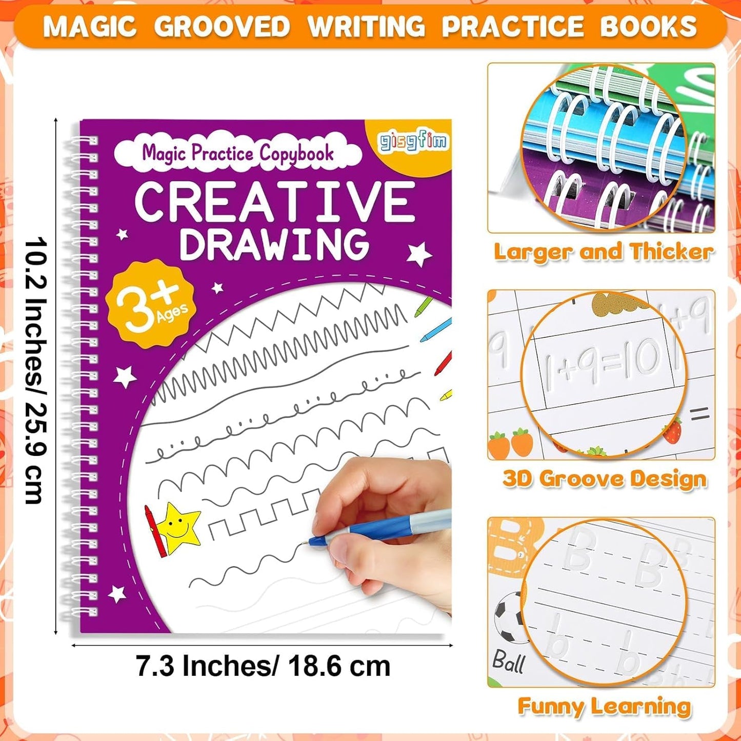 gisgfim 8 Pack Magic Grooved Writing Practice Books for Kids Reusable Magical Handwriting Workbooks with Disappearing Ink Pens Letter,Numbers,Math Tracing Copybook for Kindergarten Preschool Age 3-8