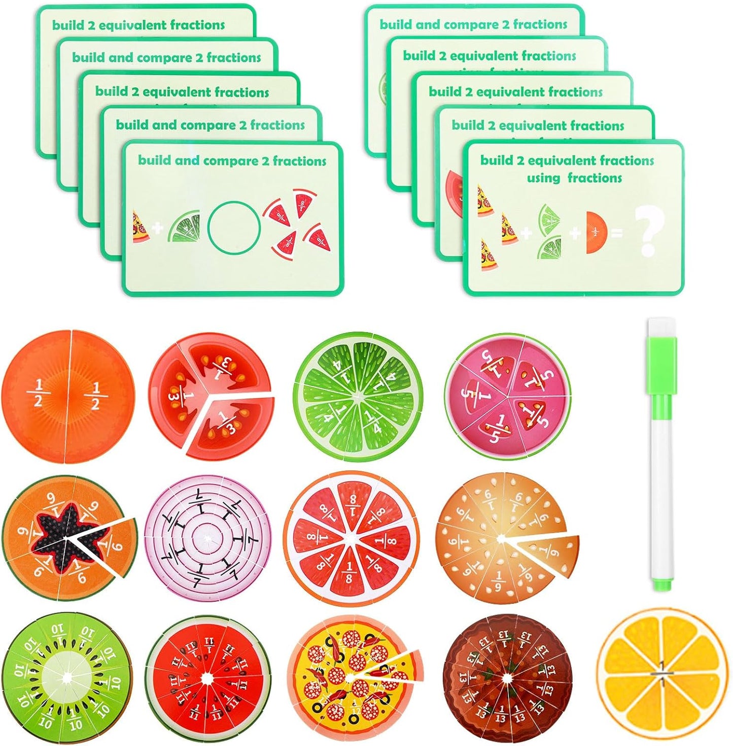Fruit Fraction Tiles, 1/1-1/13 Montessori Math Fraction Manipulatives, 1st - 5th Grade Classroom Must Haves Fraction Games Puzzle, Elementary Homeschool Essentials Math Manipulatives