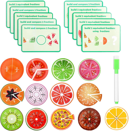 Fruit Fraction Tiles, 1/1-1/13 Montessori Math Fraction Manipulatives, 1st - 5th Grade Classroom Must Haves Fraction Games Puzzle, Elementary Homeschool Essentials Math Manipulatives