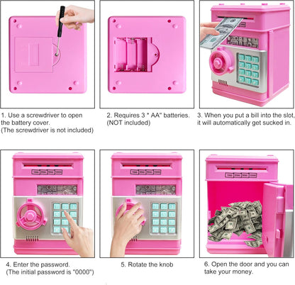 Piggy Bank Electronic Mini ATM for Kids Baby Toy, Safe Coin Banks Money Saving Box Password Code Lock for Children,Boys Girls Best Gift (Silver)