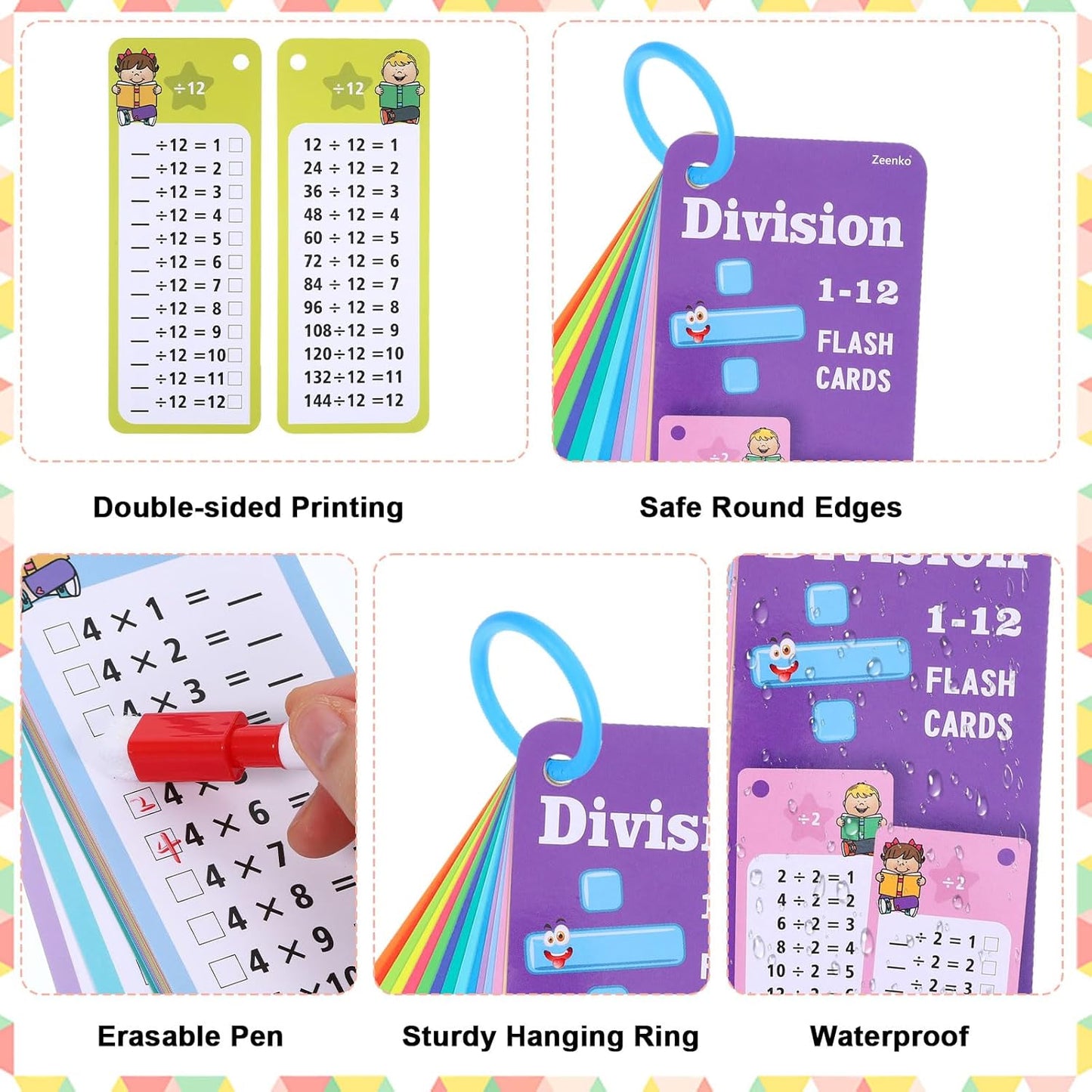 30PCS Reusable Multiplication Flash Cards&Division Flash Cards with 4 Dry Erase Pens 2 Rings,Math Flashcards for 1st to 3rd Grades,Math Games for Classroom and Home