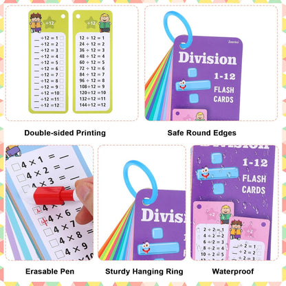 30PCS Reusable Multiplication Flash Cards&Division Flash Cards with 4 Dry Erase Pens 2 Rings,Math Flashcards for 1st to 3rd Grades,Math Games for Classroom and Home