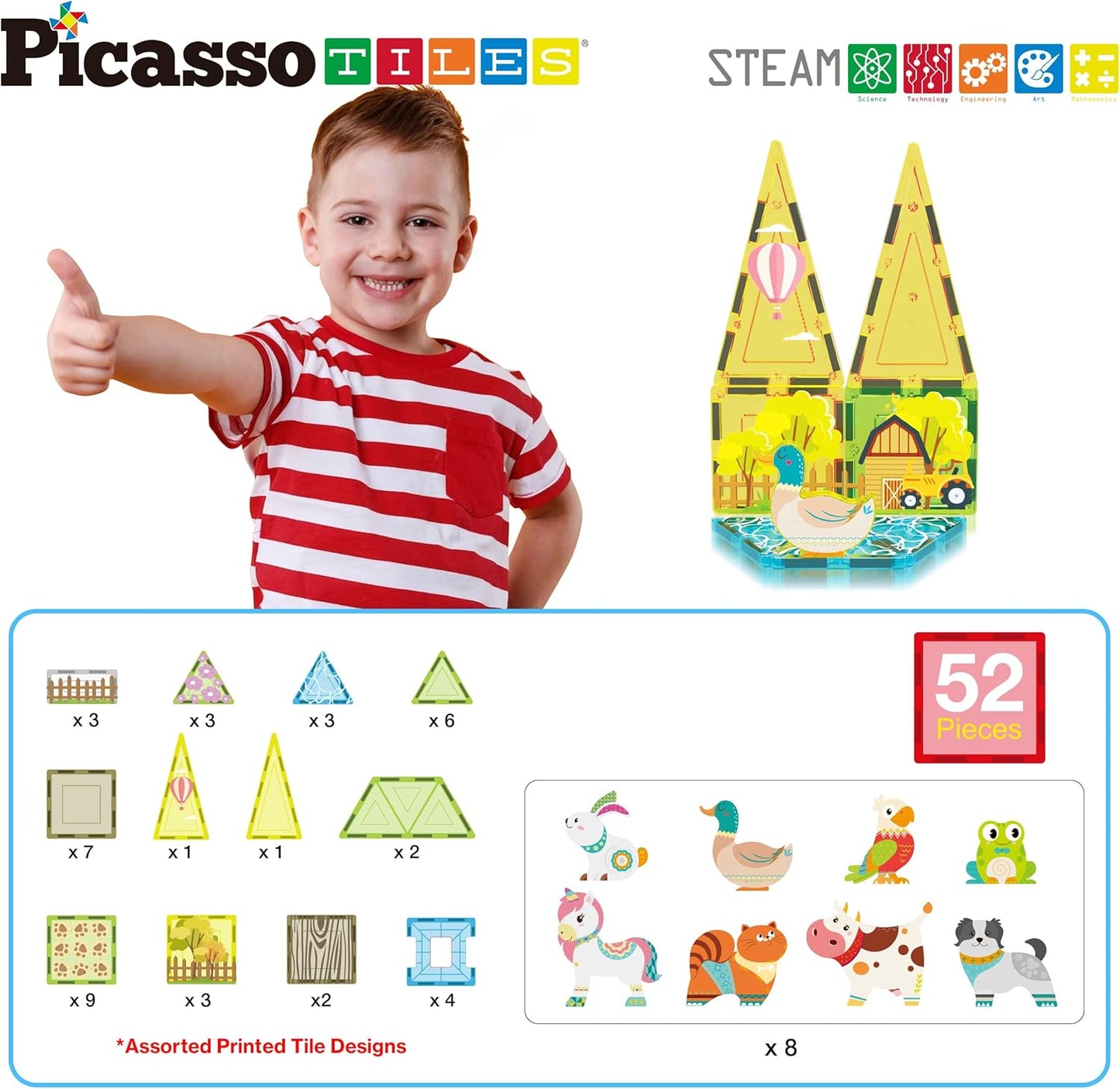 PicassoTiles Magnet Tiles Magnetic Building Blocks Aquarium Marine Animal Theme Set with 8 Character Action Figures Shark Crab Turtle STEM Toys Construction Preschool Toddlers Kids Boys Girls 3+ PTQ15