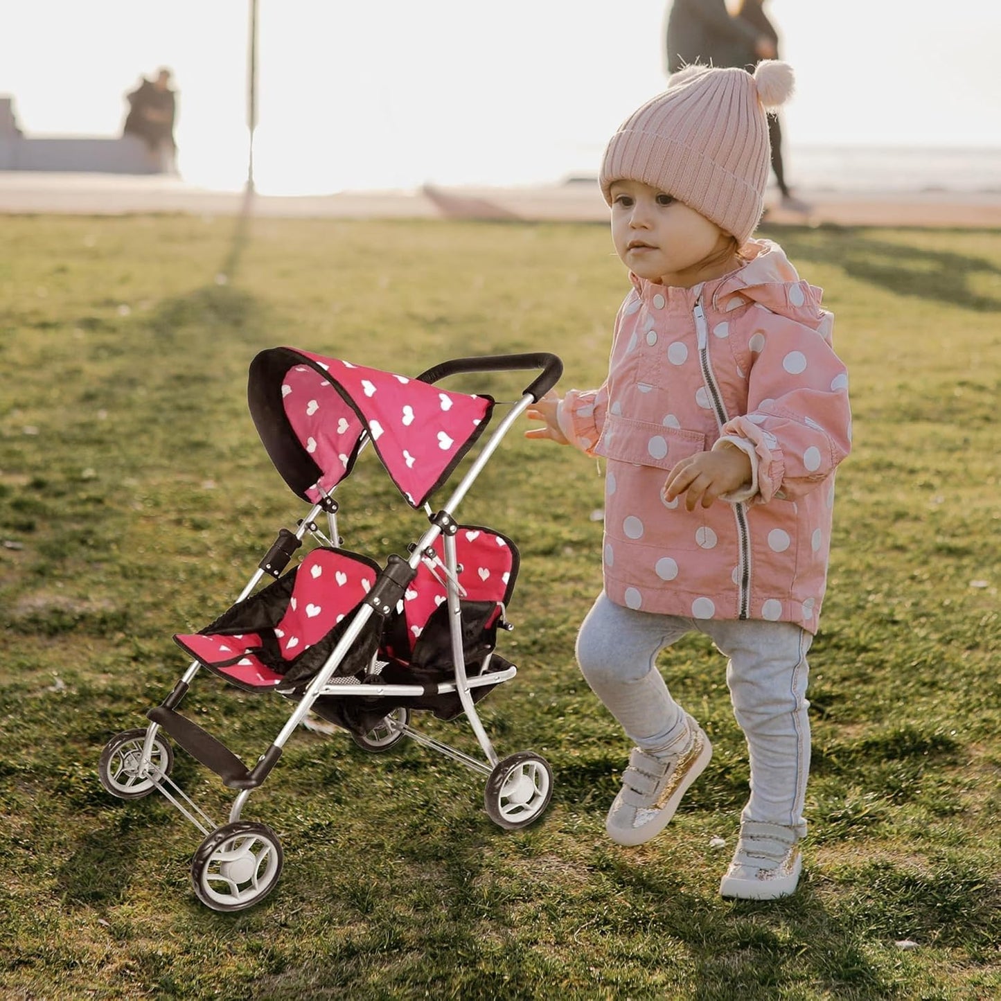 The New York Doll Collection First Twin Stroller - Cutest Heart Design Baby Strollers Great Toy Gift for Toddlers and Girls (Denim) Blue,pink