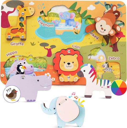Kalotoys Wooden Montessori Jungle Animal Puzzle for Toddlers 1-3 – Interactive Sensory Toy with Mirror, Zip & Sound – Educational Baby Gift for Fine Motor Skills & Autism Friendly (6 Animals)