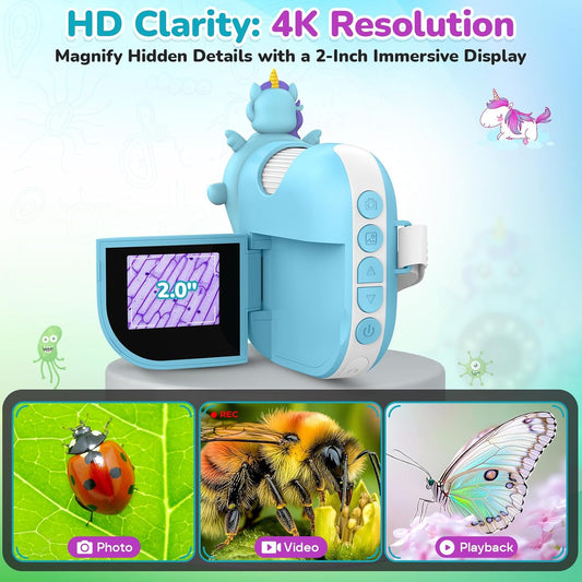 Digital Microscope for Kids Handheld Miniscope - 4K 2.0" Screen Rechargeable 1000X Mini Pocket Portable Magnifying Glass Edu Learning Science Toy Gift with Slides Kit 4-12 Children Students (Violet)