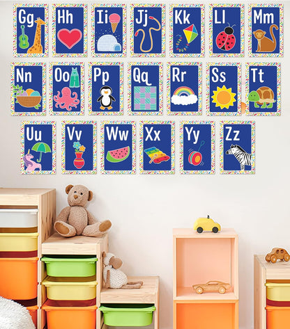 Carson Dellosa Education 26 pc Set of ABC Bulletin Board Decorations aids early learning with bright alphabet visuals and sight word images that help toddlers build strong foundational sound skills.